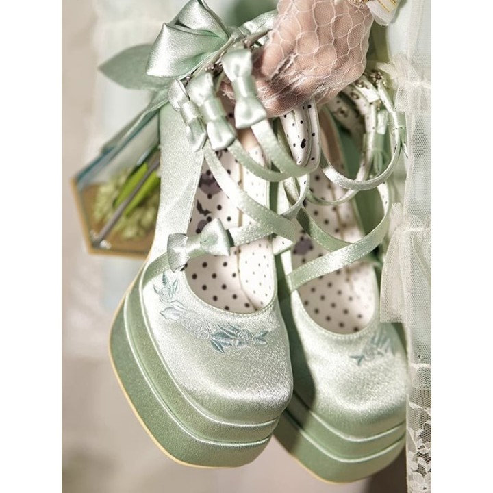 Mary Janes lolita camélia à talon transparent – Vert