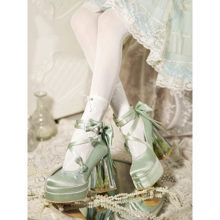 Mary Janes lolita camélia à talon transparent – Vert