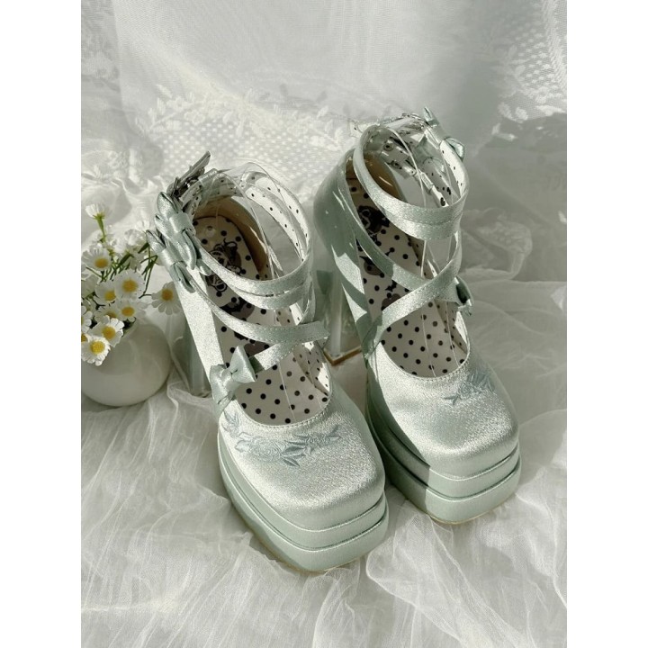 Mary Janes lolita camélia à talon transparent – Vert