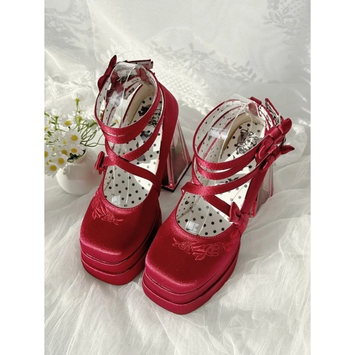 Mary Janes lolita camélia à talon transparent – Rouge
