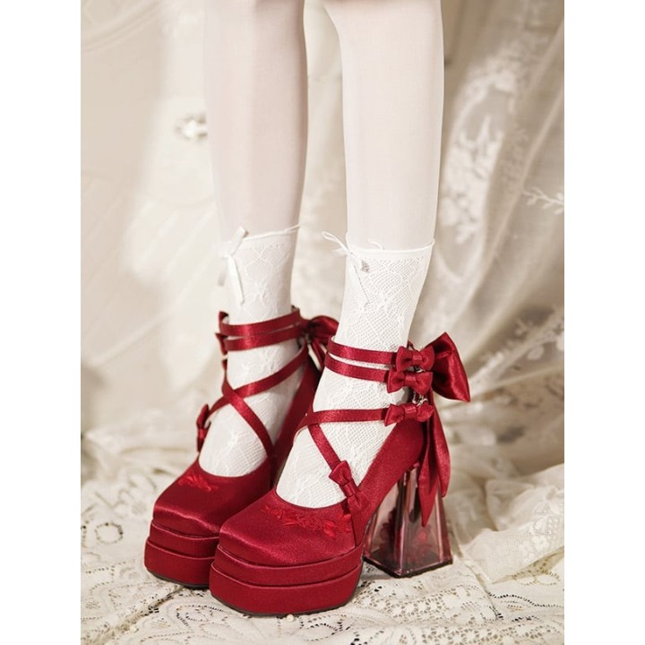 Mary Janes lolita camélia à talon transparent – Rouge