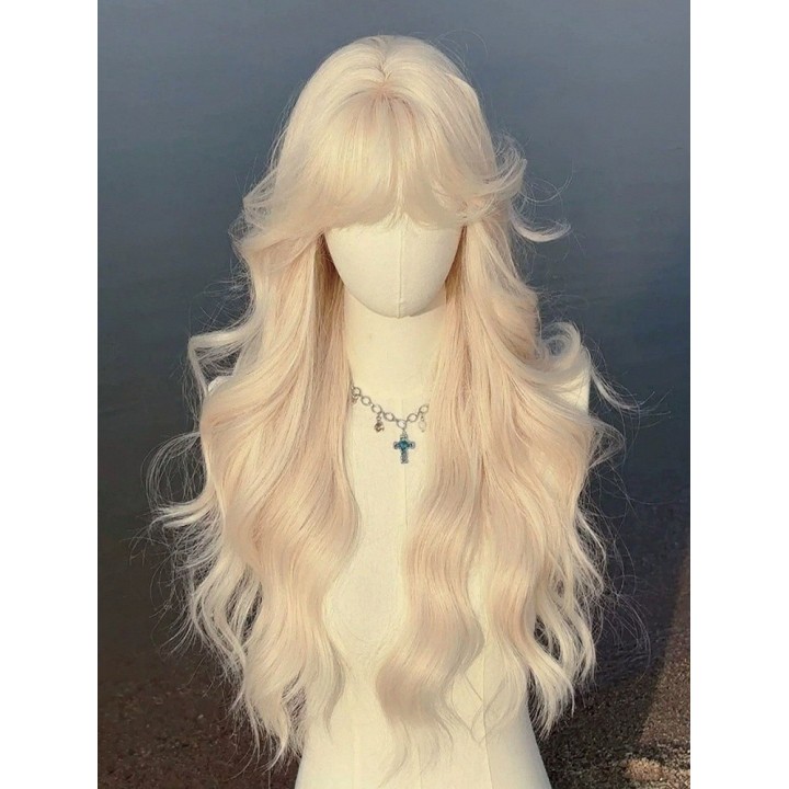 Perruque longue ondulée à frange – Blond