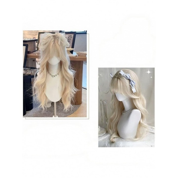 Perruque longue ondulée à frange – Blond