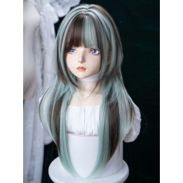 Perruque lisse vert menthe et chocolat à frange