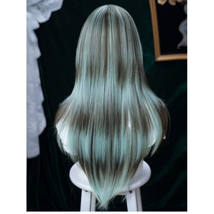 Perruque lisse vert menthe et chocolat à frange