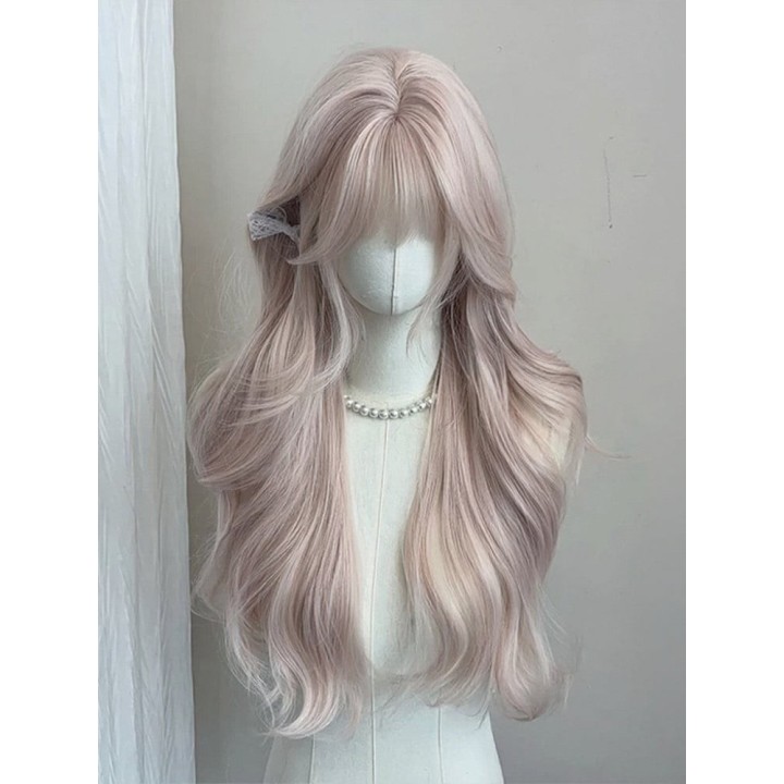 Perruque ondulée rose doré à frange