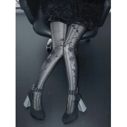 Collant voile gothic lolita rayé à motif roses