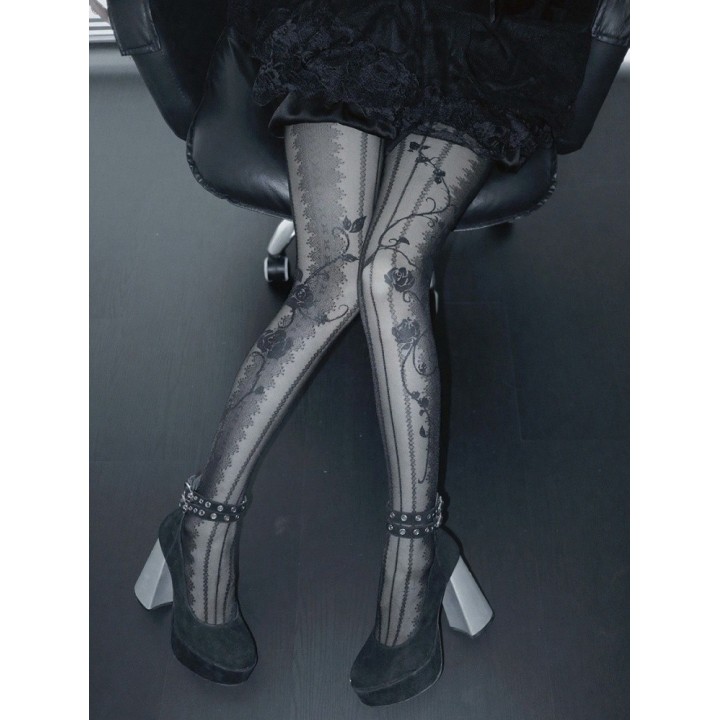 Collant voile gothic lolita rayé à motif roses