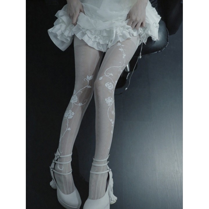 Collant voile gothic lolita rayé à motif roses