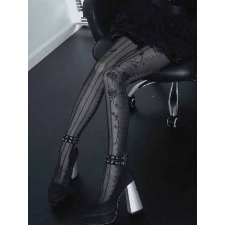 Collant voile gothic lolita rayé à motif roses