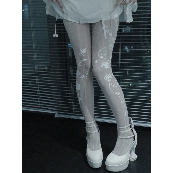Collant voile gothic lolita rayé à motif roses