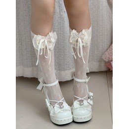 Chaussettes hautes voile lolita à nœud et volants – Beige