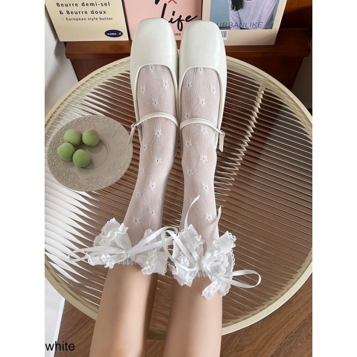 Chaussettes hautes voile lolita à nœud et volants – Beige