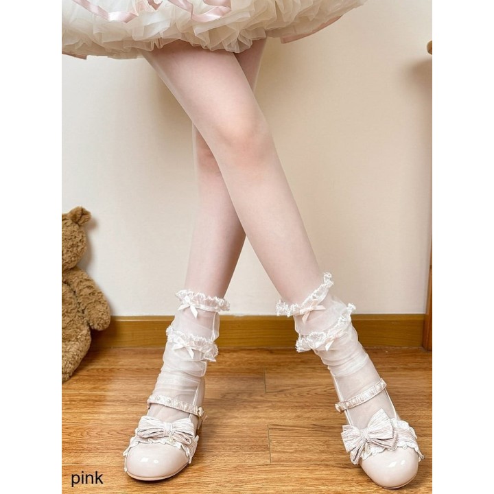 Chaussettes hautes voile lolita à nœud et volants – Rose