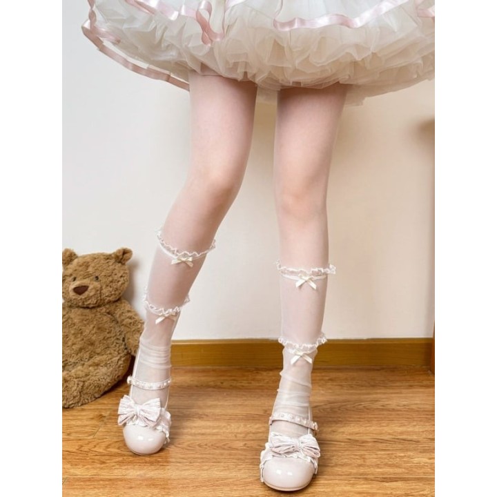 Chaussettes hautes voile lolita à nœud et volants – Rose