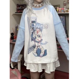 T-shirt Yami Kawaii bleu ciel imprimé chaton, manches amovibles