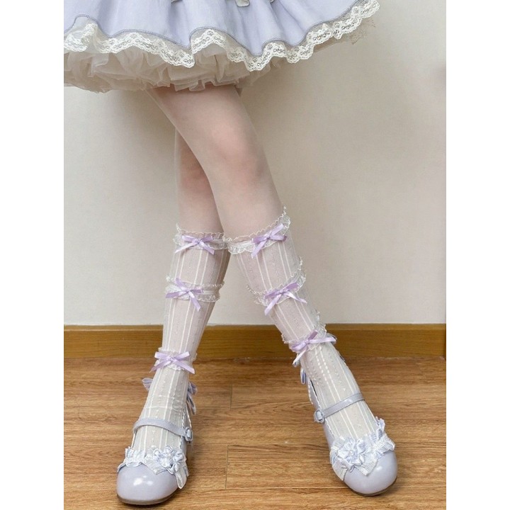 Chaussettes hautes lolita rayées à volants et nœuds