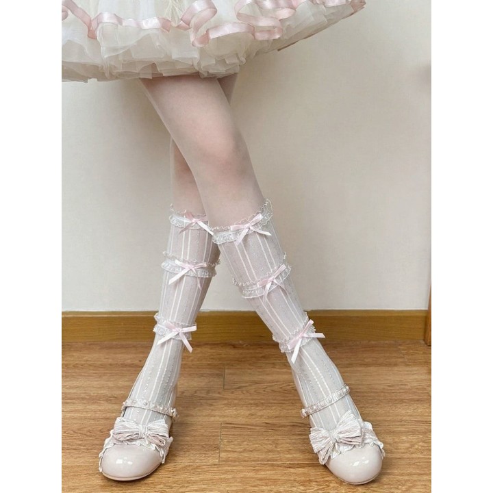 Chaussettes hautes lolita rayées à volants et nœuds