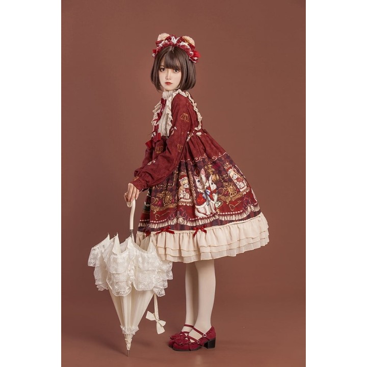 Robe one piece lolita « Crown Bear » bordeaux à manches longues
