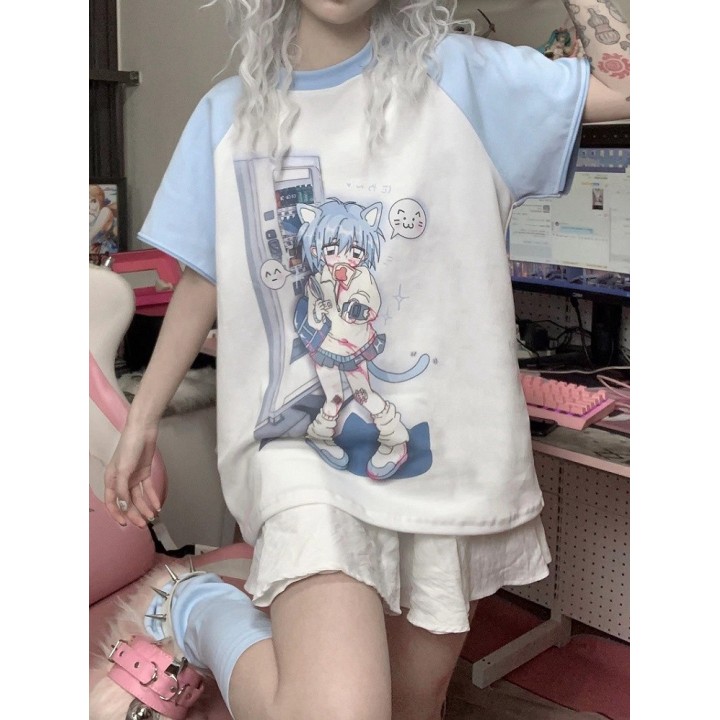 T-shirt Yami Kawaii bleu ciel imprimé chaton, manches amovibles