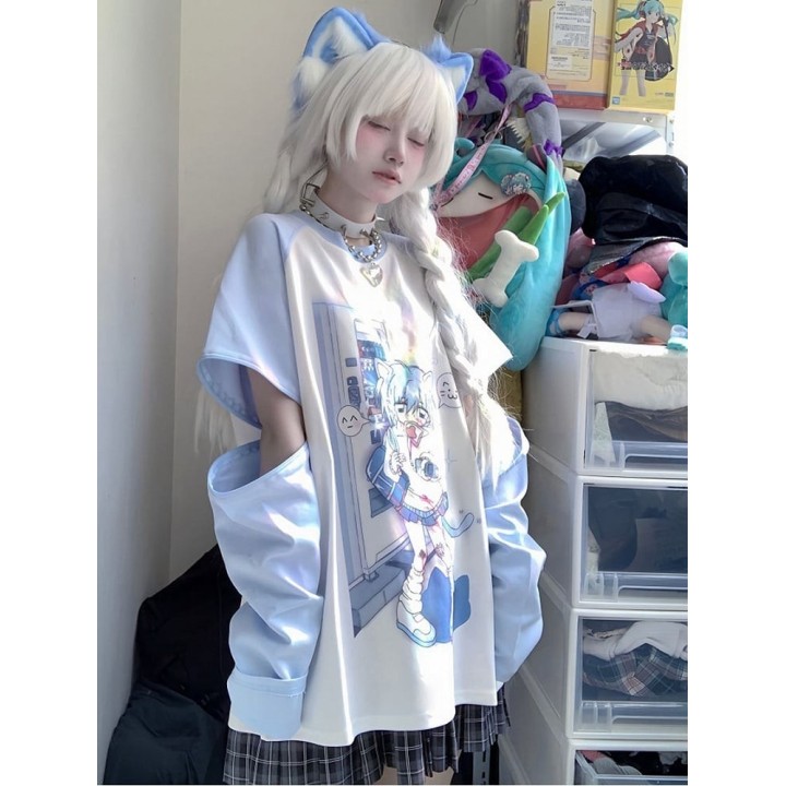 T-shirt Yami Kawaii bleu ciel imprimé chaton, manches amovibles