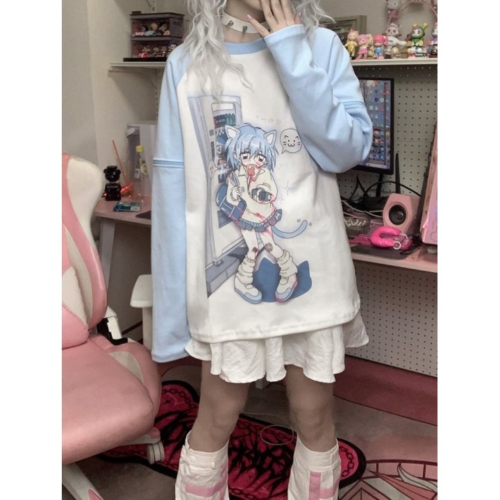T-shirt Yami Kawaii bleu ciel imprimé chaton, manches amovibles