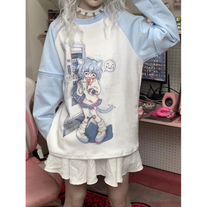 T-shirt Yami Kawaii bleu ciel imprimé chaton, manches amovibles