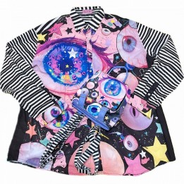Chemise Guro Kawaii noire imprimé yeux, manches rayées