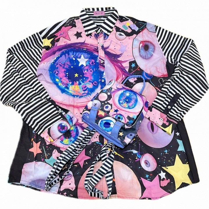 Chemise Guro Kawaii noire imprimé yeux, manches rayées