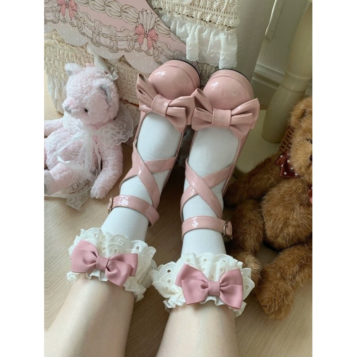 Socquettes à volant de dentelle et nœud – 10 coloris