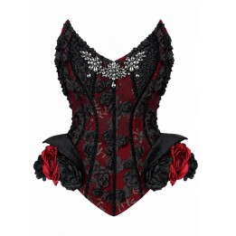 Corset gothique baleiné à fleurs 3D – Rouge et noir