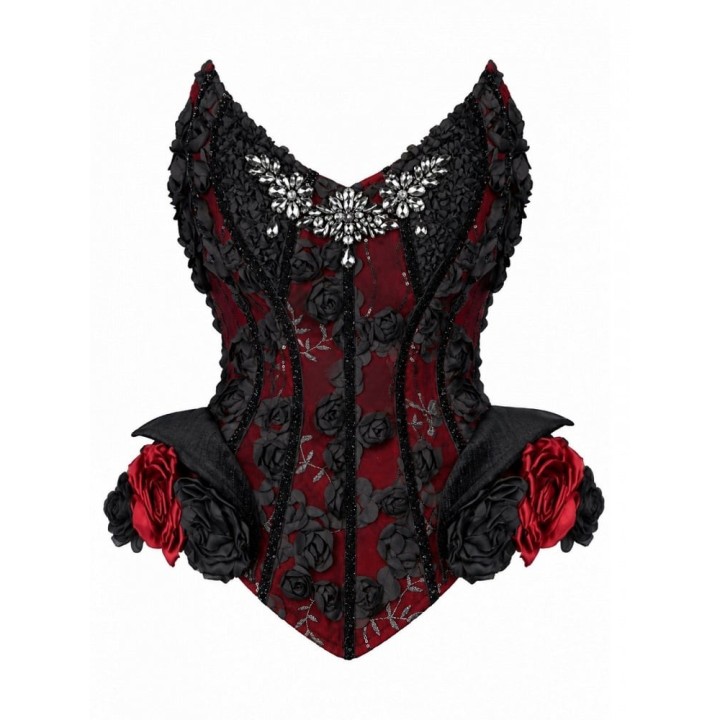 Corset gothique baleiné à fleurs 3D – Rouge et noir