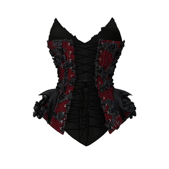 Corset gothique baleiné à fleurs 3D – Rouge et noir