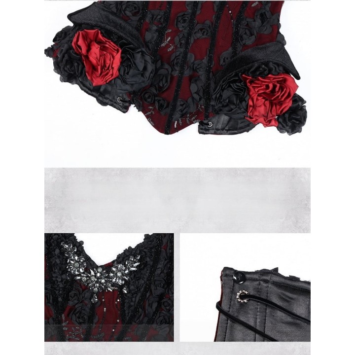 Corset gothique baleiné à fleurs 3D – Rouge et noir