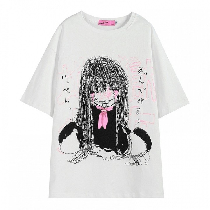 T-shirt Harajuku blanc imprimé fille gothique, col rond