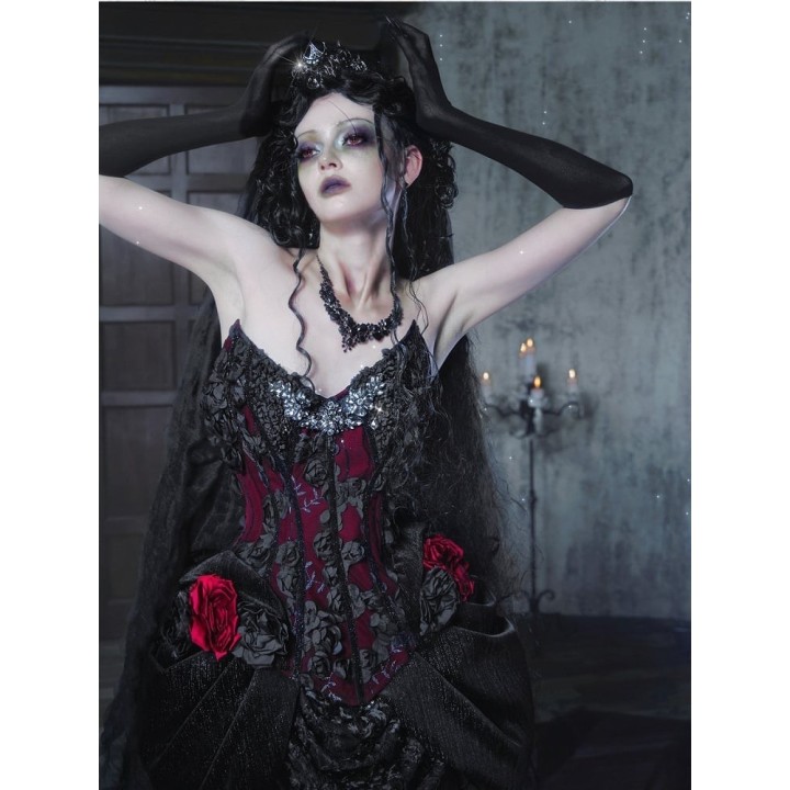 Corset gothique baleiné à fleurs 3D – Rouge et noir