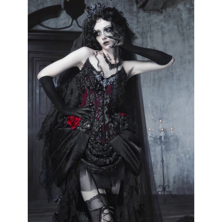 Corset gothique baleiné à fleurs 3D – Rouge et noir