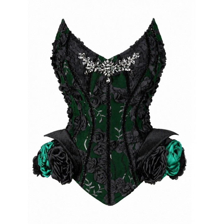 Corset gothique baleiné à fleurs 3D – Vert et noir