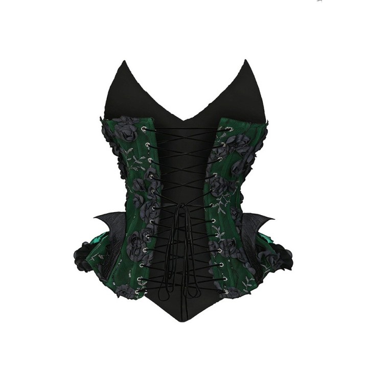 Corset gothique baleiné à fleurs 3D – Vert et noir