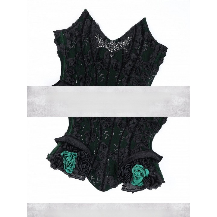Corset gothique baleiné à fleurs 3D – Vert et noir
