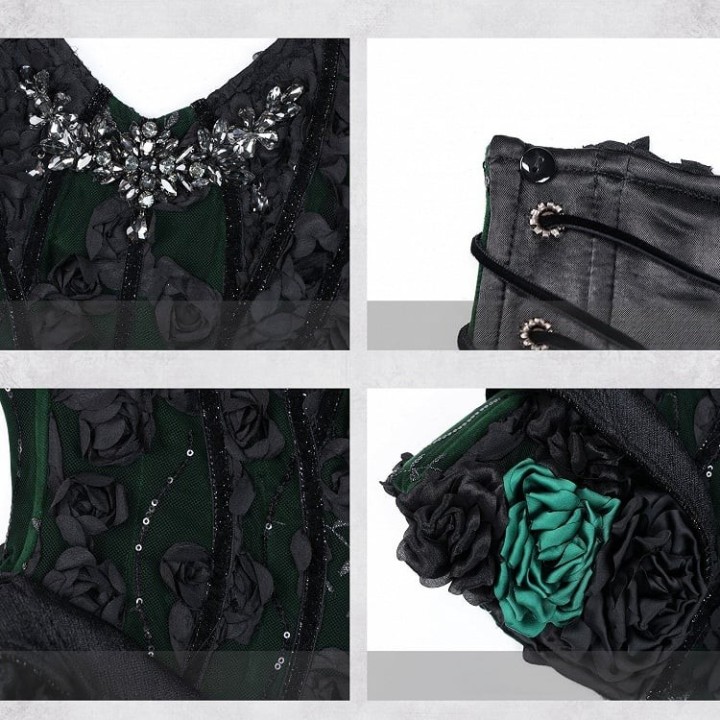 Corset gothique baleiné à fleurs 3D – Vert et noir