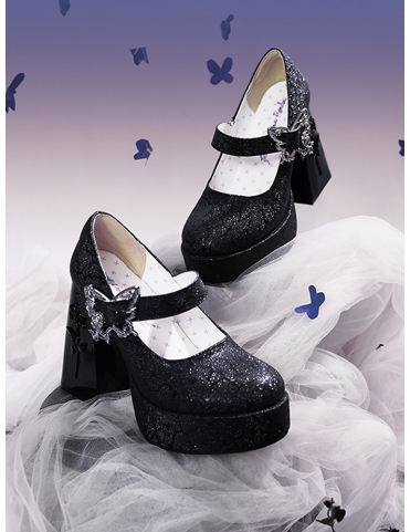 Mary Janes à talons épais et boucle papillon noire 11cm