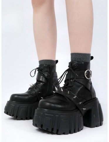 Bottines Punk Rock Noires - Talon Chunky, Détails Clous et Brides Croi
