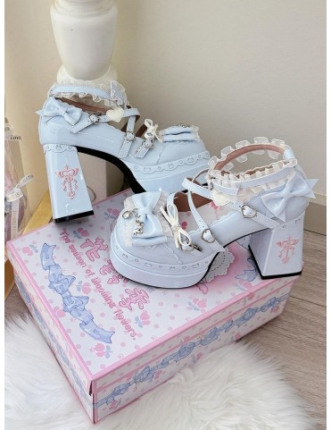 Mary Janes à talons épais bleu bonbon en cuir synthétique