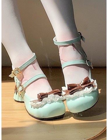 Chaussures Sweet Lolita à talon moyen marron et vert en PU