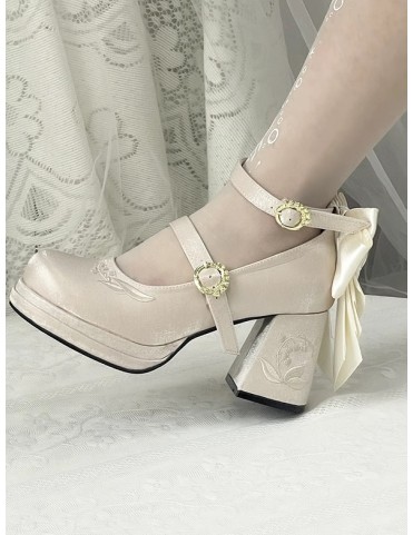 Escarpins Mary Janes Brodés de Muguet, Talons Moyen, Détails Nœud Amov
