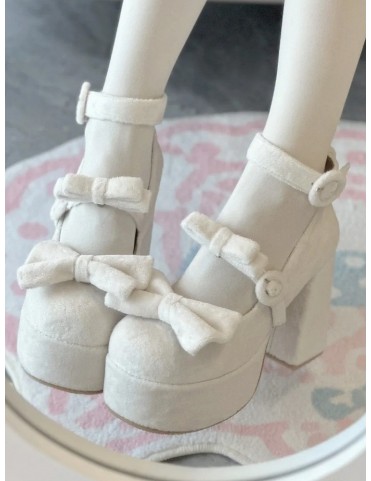 Escarpins Mary Janes en velours blanc avec nœud amovible et boucle ron