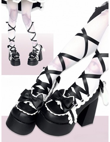 Escarpins plateforme à lacets, nœud papillon noir et style punk Lolita