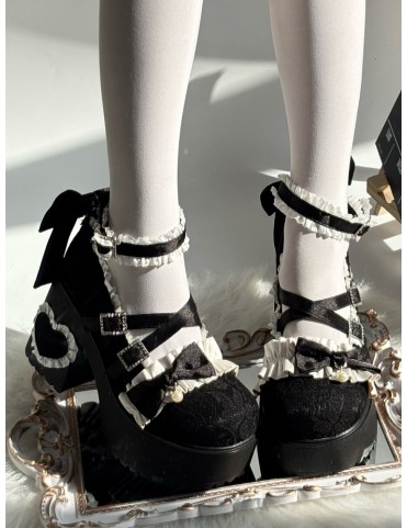 Mary Janes noires à plateforme et talons épais - Boucle cristal, détai