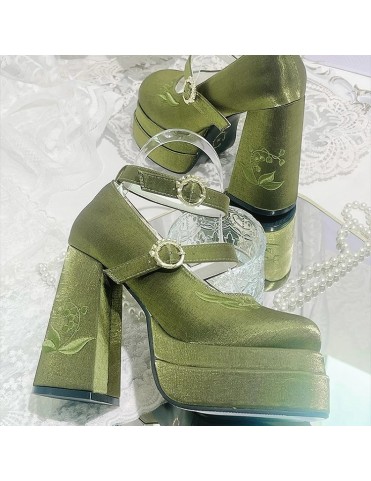 Mary Janes à talons compensés et nœud amovible, broderie de muguet